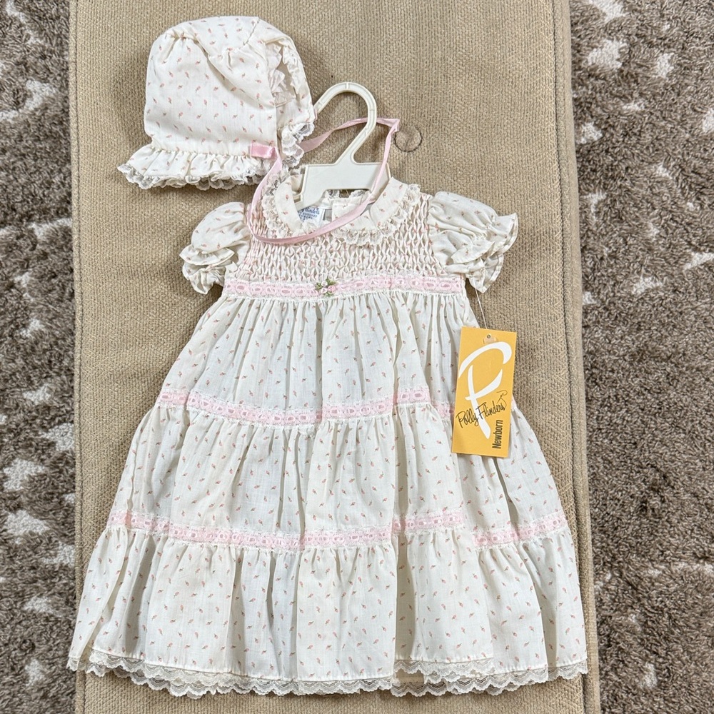 Pink and White Baby Dress with Hat vintage hand smocked